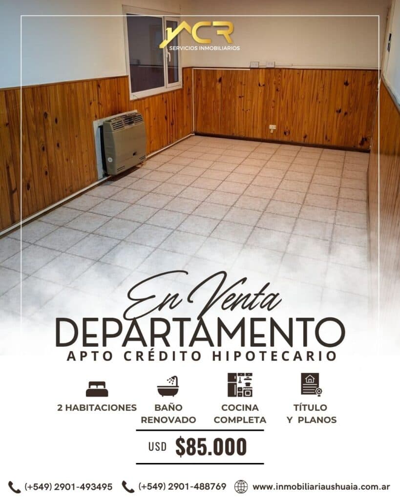 Flyer de venta de un departamento de dos dormitorios en Pioneros Fueguinos