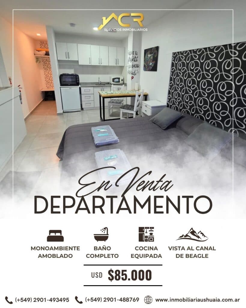 Flyer de venta de un monoambiente amoblado con vista al Canal de Beagle