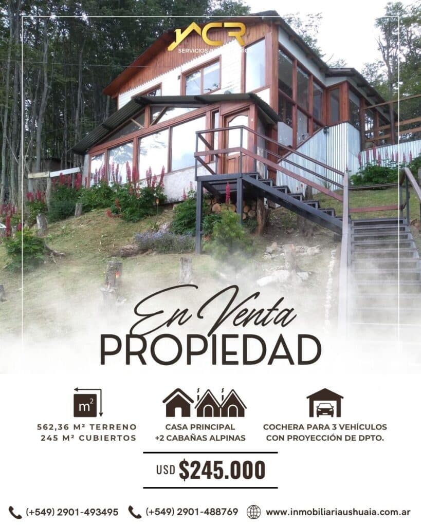 Flyer de venta de una casa con dos cabañas en el barrio Kaikén