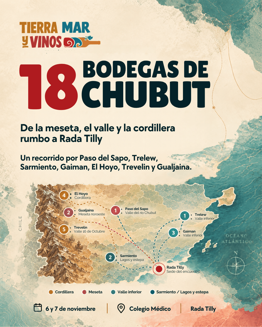 Pieza de carrusel provincial: 18 bodegas de Chubut, con mapa ilustrado del recorrido por Paso del Sapo, Trelew, Sarmiento, Gaiman, El Hoyo, Trevelin y Gualjaina rumbo a Rada Tilly