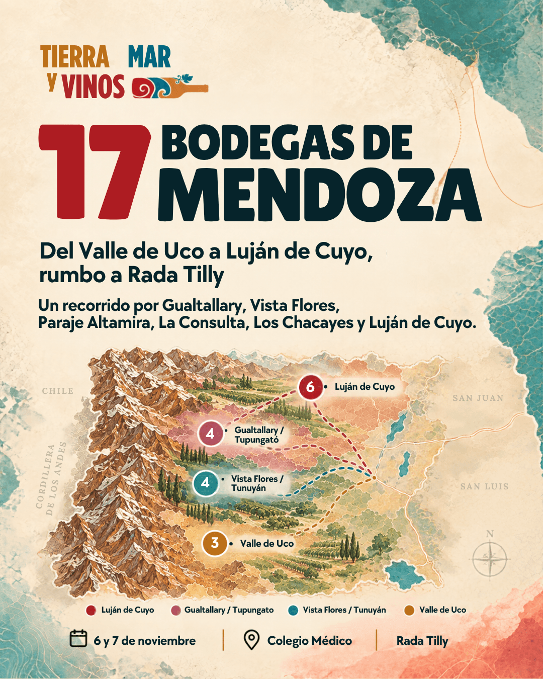Pieza de carrusel provincial: 17 bodegas de Mendoza, con mapa ilustrado de Valle de Uco, Vista Flores, Gualtallary y Luján de Cuyo