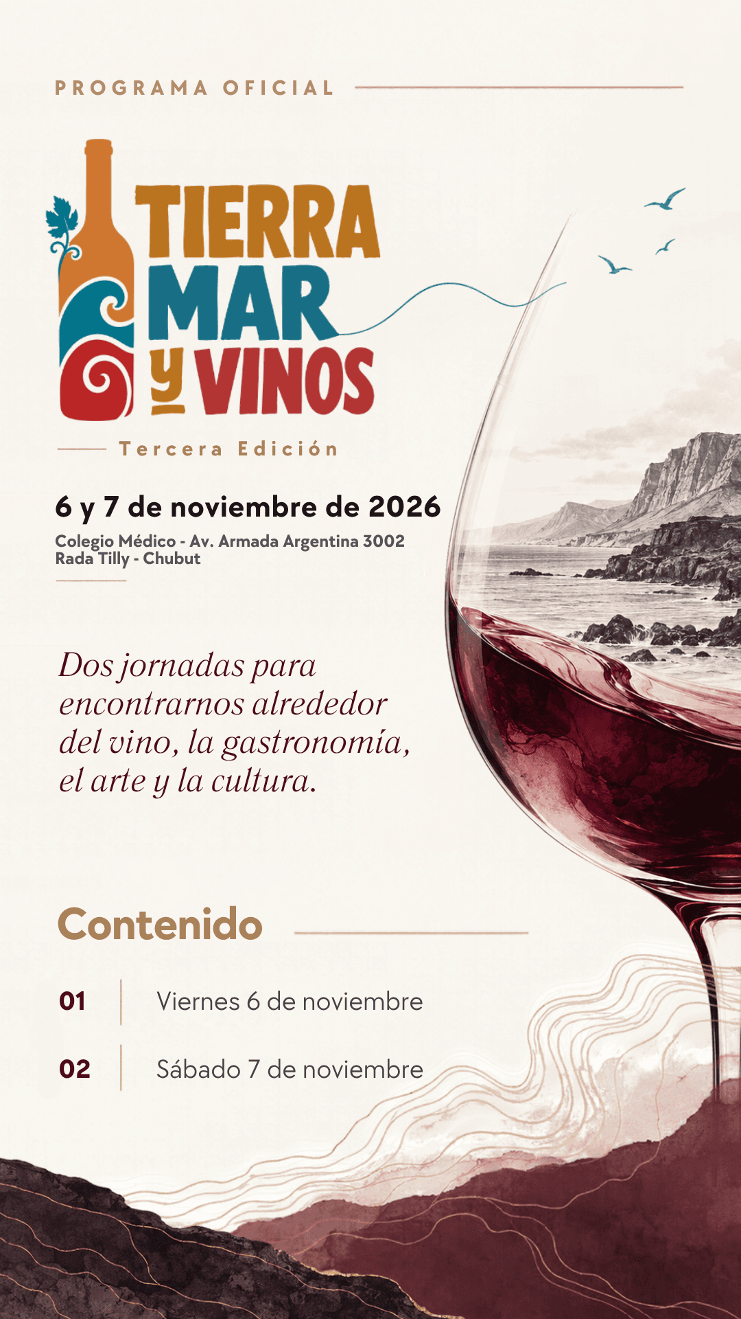 Portada del programa oficial de la tercera edición de Tierra, Mar y Vinos, 6 y 7 de noviembre de 2026 en el Colegio Médico de Rada Tilly